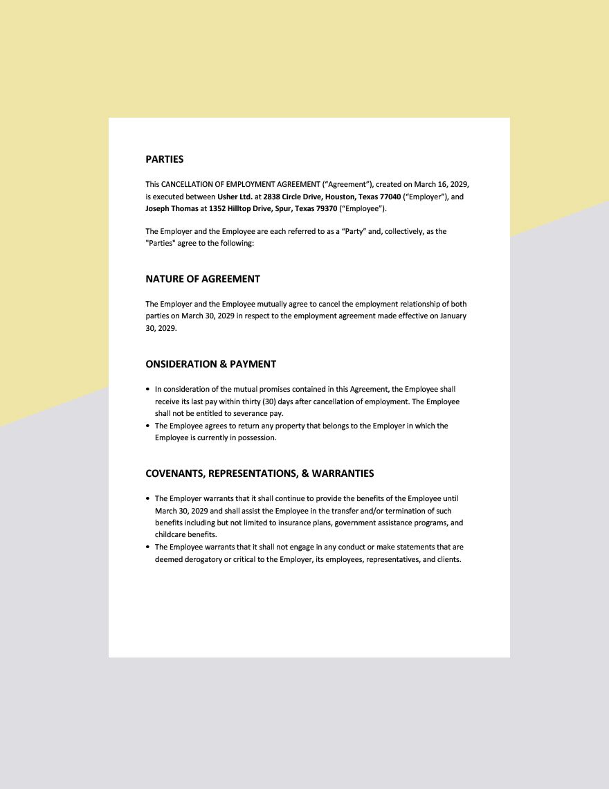 Cancellation Of Employment Agreement Template