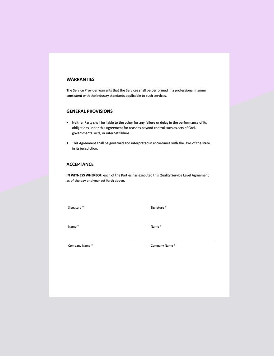 Quality Service Level Agreement Template