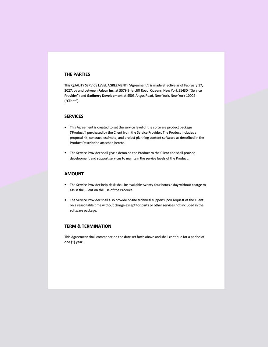 Quality Service Level Agreement Template