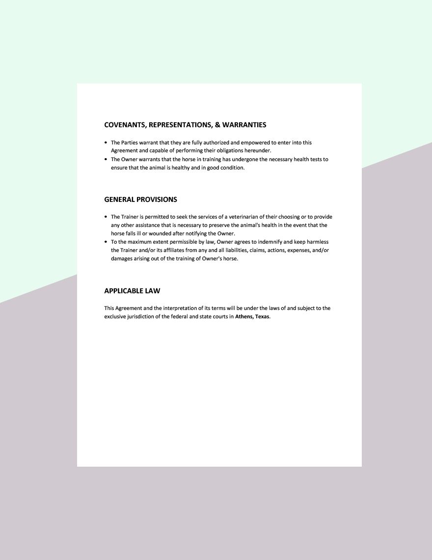 Horse Training Agreement Template
