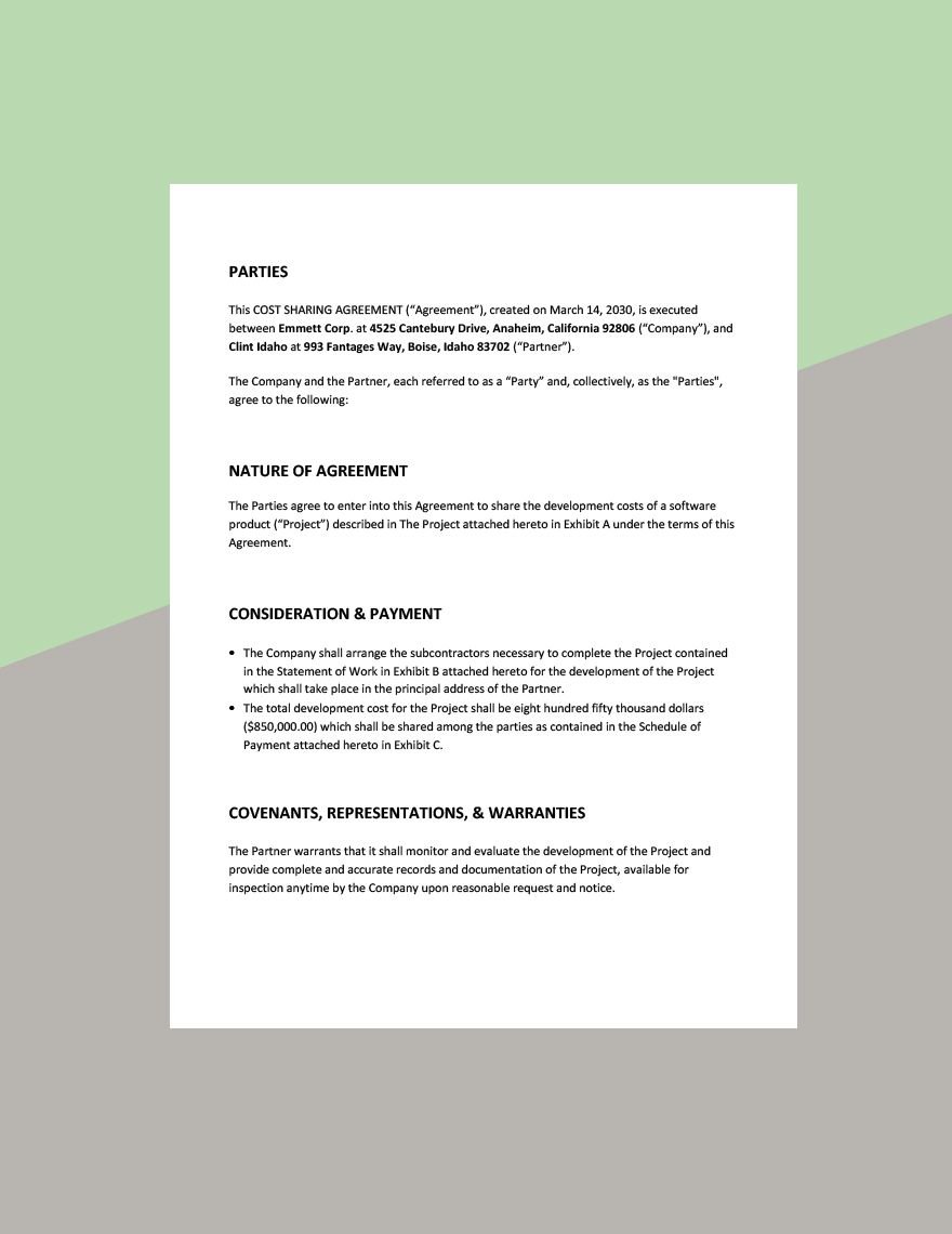 Cost Sharing Agreement Template in Word Google Docs Pages Download