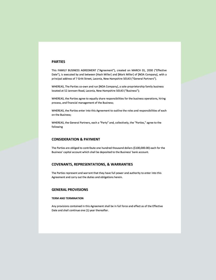 Family Business Agreement Template