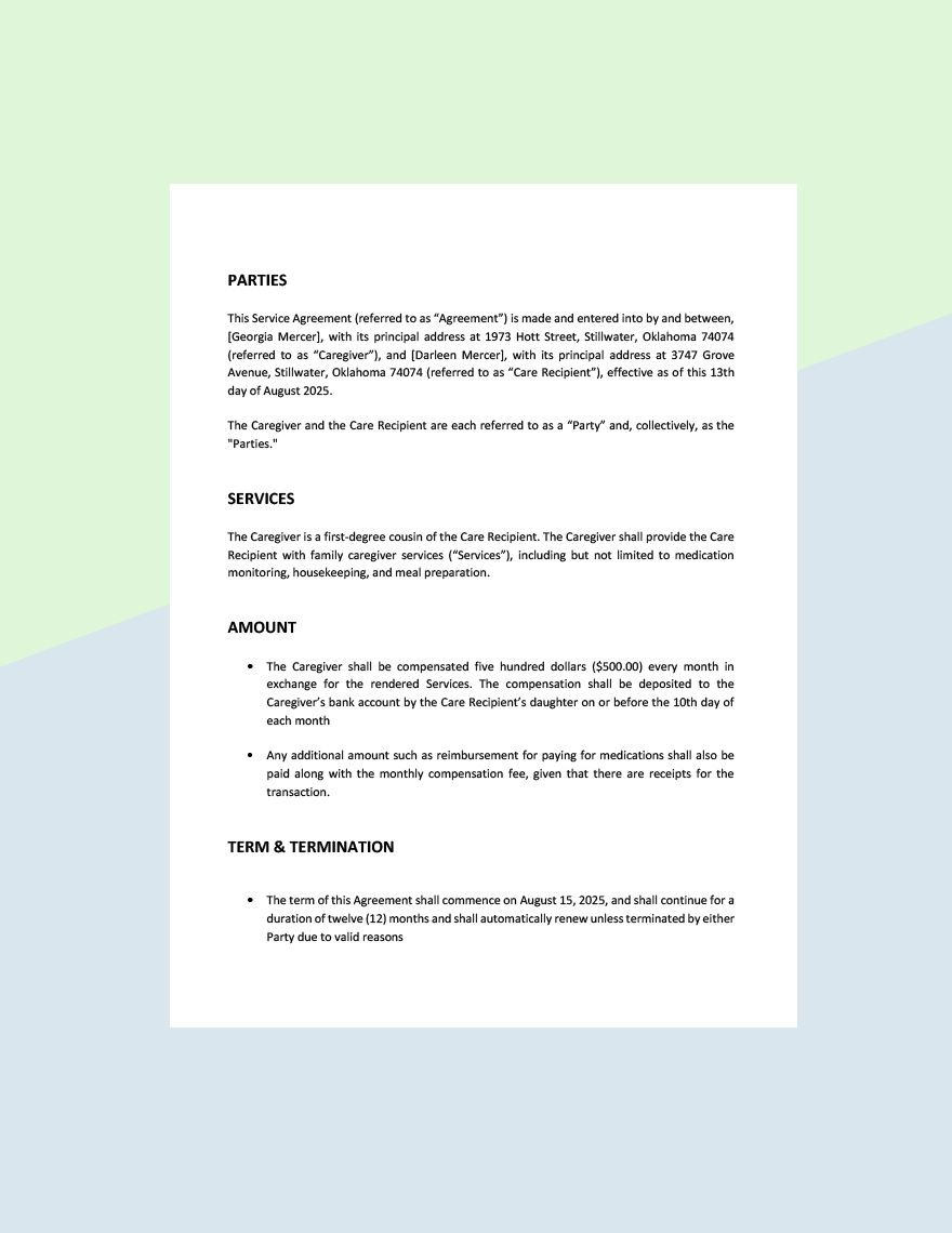 Family Caregiver Agreement Template in Word Google Docs Pages