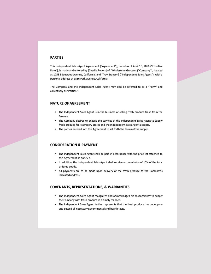 Independent Sales Agent Agreement Template 