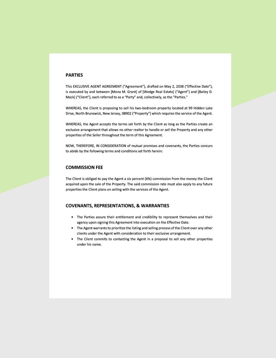 Exclusive Agent Agreement Template