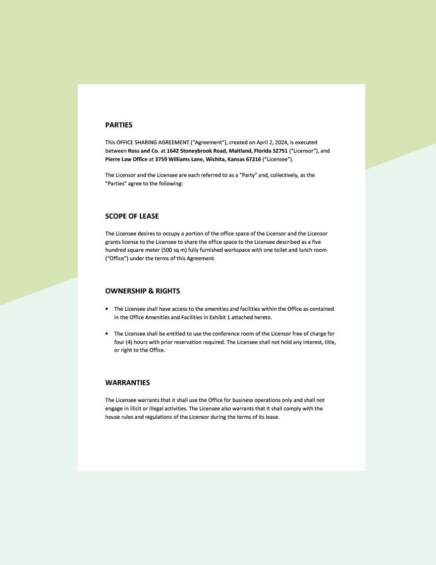 Office Sharing Agreement Template Download in Word, Google Docs