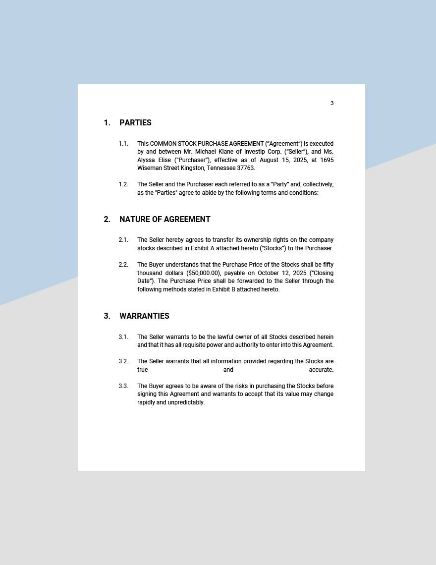 Common Stock Purchase Agreement Template