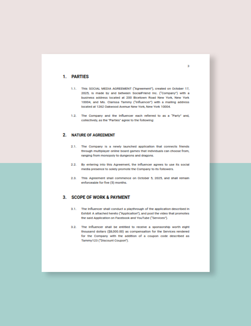 Simple Social Media Agreement Template Google Docs, Word, Apple Pages