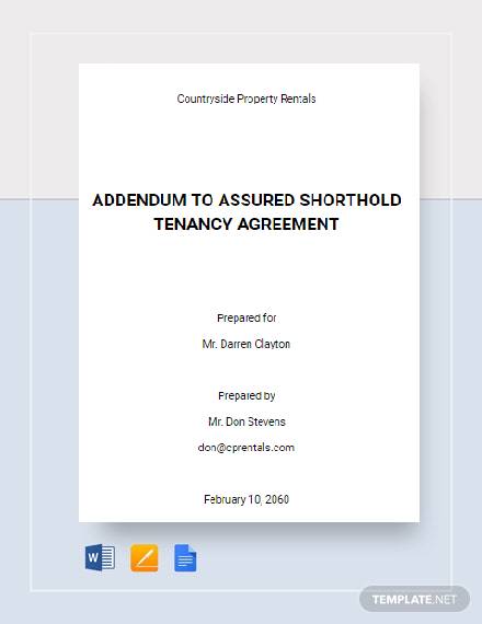 Free Addendum to Assured Shorthold Tenancy Agreement Template 