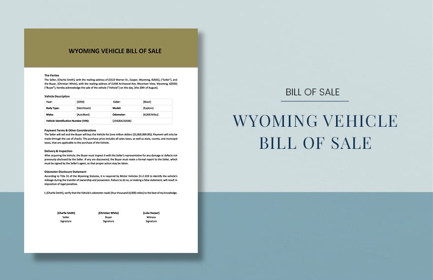 Wyoming Vehicle Bill of Sale Template 