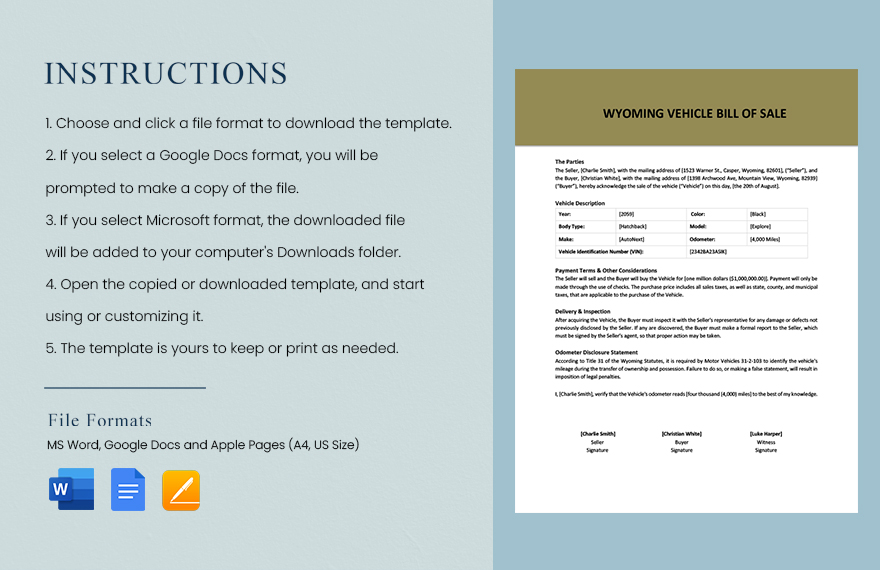 Wyoming Vehicle Bill of Sale Template 