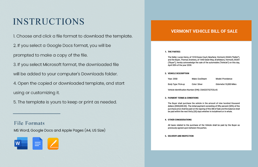 Vermont Vehicle Bill of Sale Template 