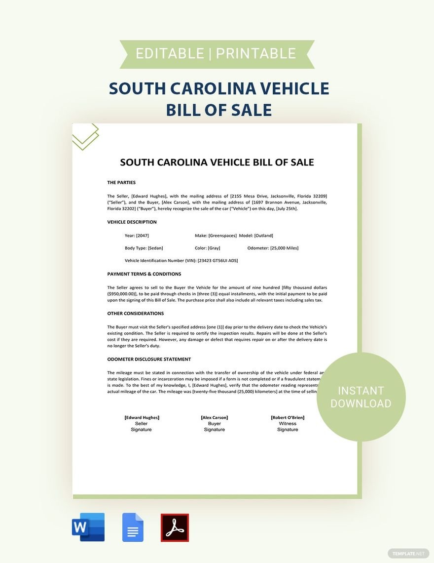 South Carolina Vehicle Bill of Sale Template 