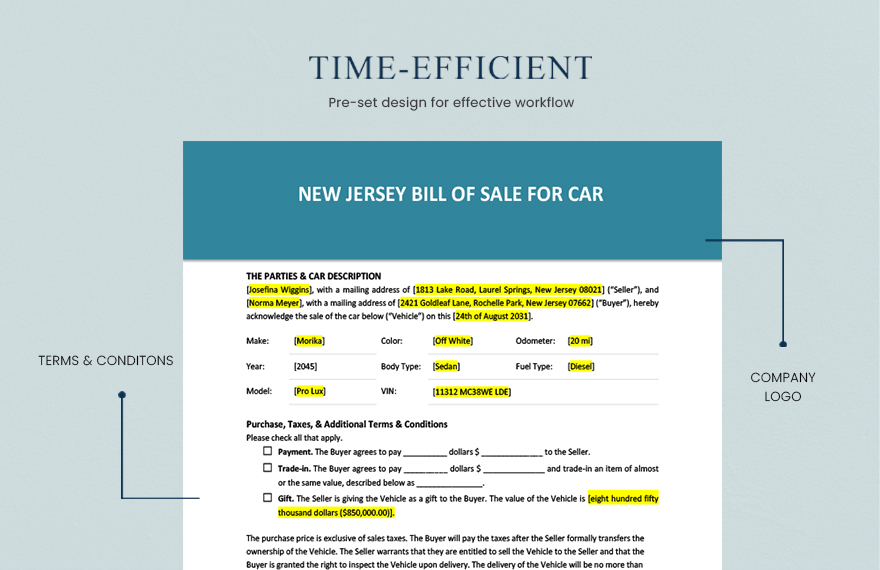 New Jersey Vehicle Bill of Sale Template 