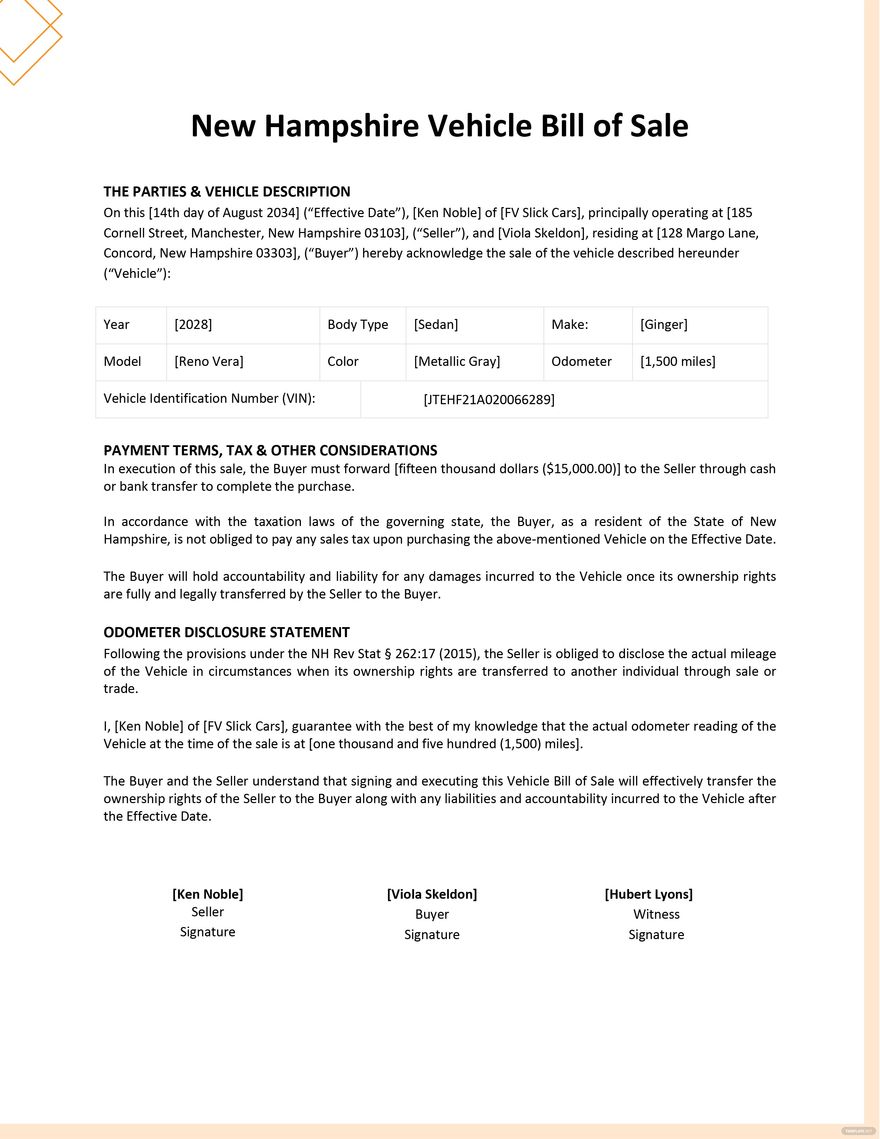New Hampshire Truck Bill of Sale Template Google Docs, Word, PDF