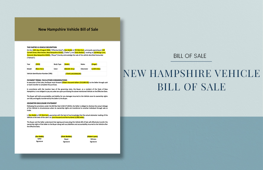 New Hampshire Vehicle Bill of Sale Template