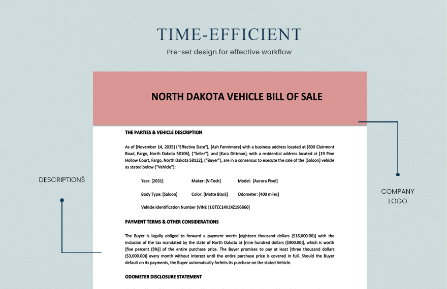 North Dakota Vehicle Bill of Sale Template