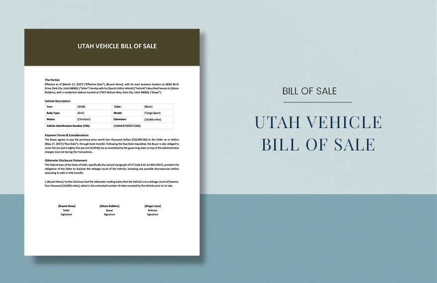 Utah Vehicle Bill of Sale Template
