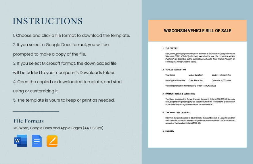 Wisconsin Vehicle Bill of Sale Template