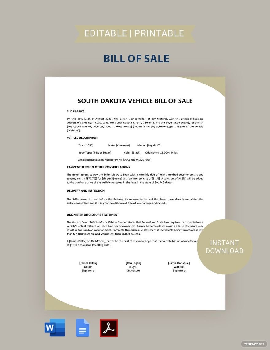 South Dakota Vehicle Bill of Sale Template