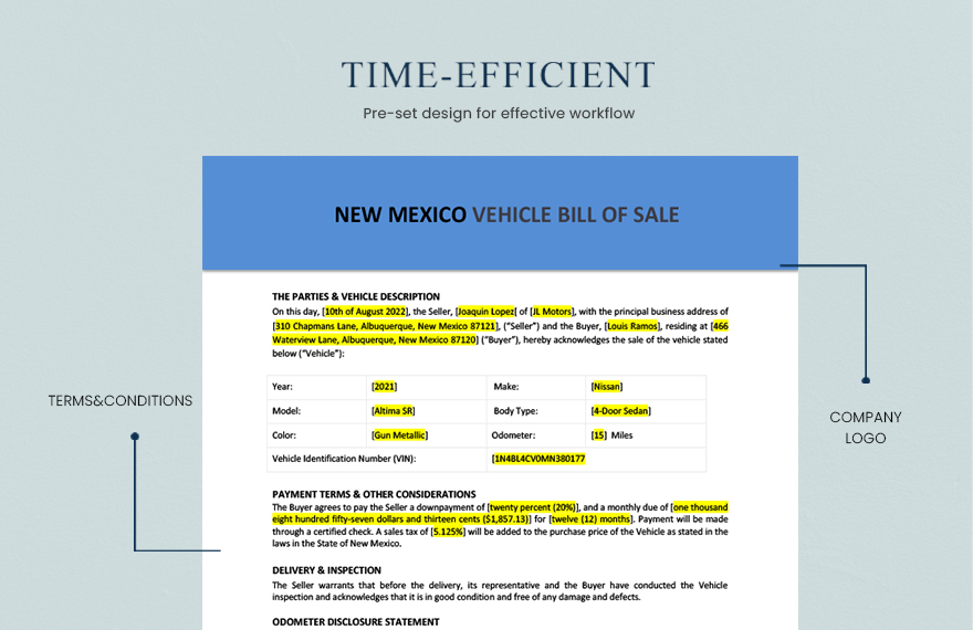 New Mexico Vehicle Bill Of Sale Template