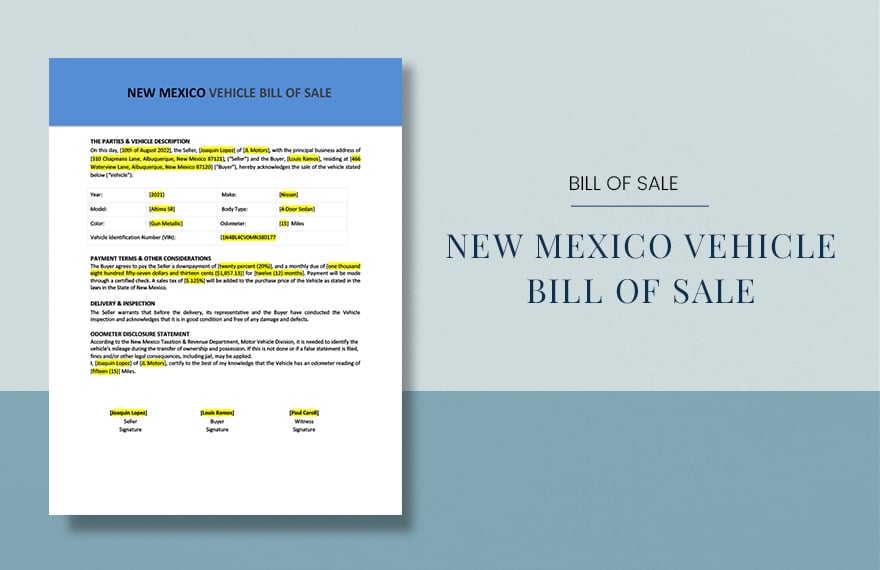 New Mexico Vehicle Bill Of Sale Template
