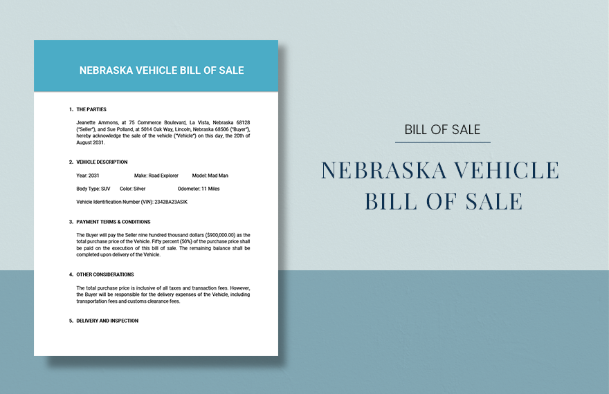Nebraska Vehicle Bill Of Sale Template