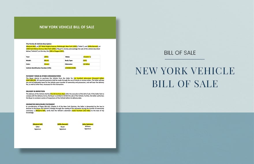 New York Vehicle Bill Of Sale Template