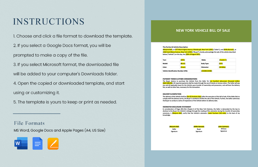 New York Vehicle Bill Of Sale Template