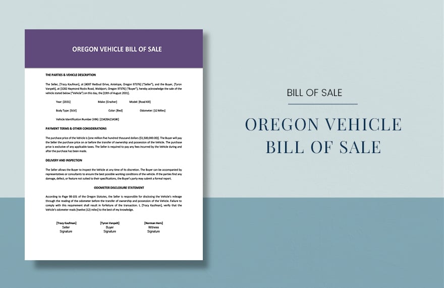 Oregon Vehicle Bill of Sale Template