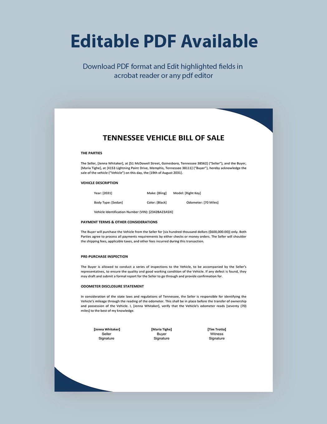 Tennessee Vehicle Bill of Sale Template
