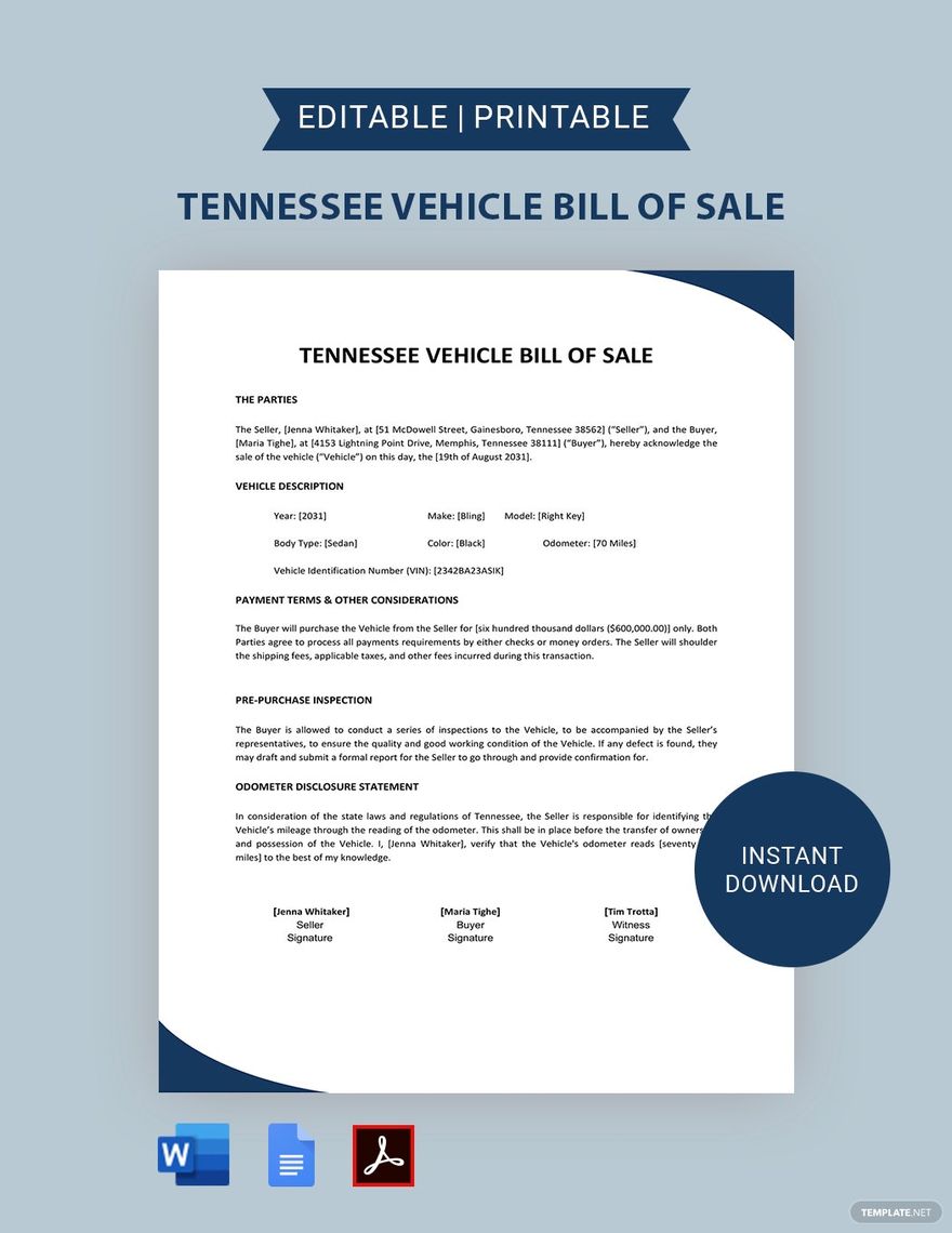 Tennessee Vehicle Bill of Sale Template in Word, Google Docs, PDF