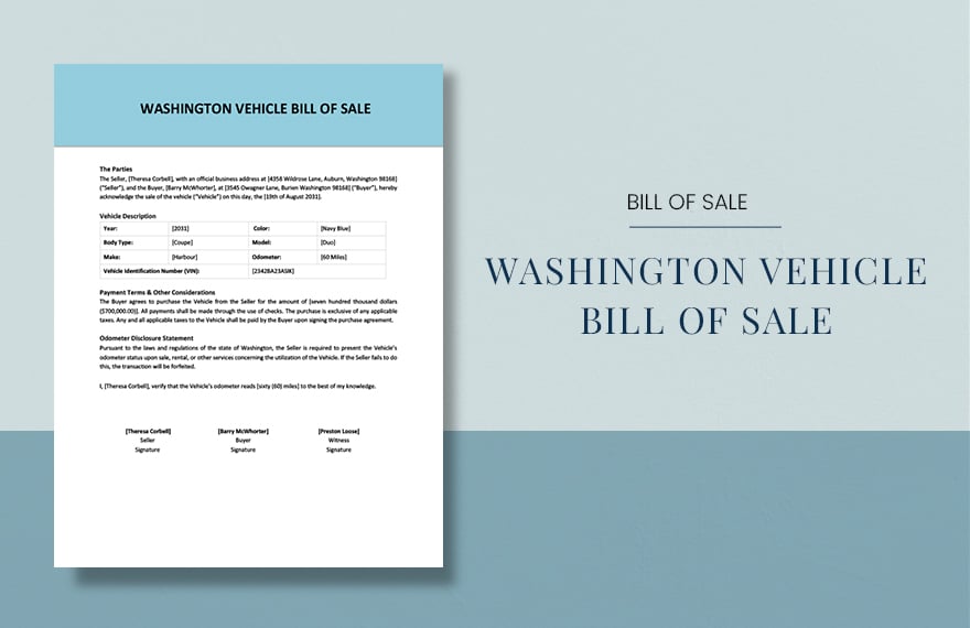 Washington Vehicle Bill Of Sale Template