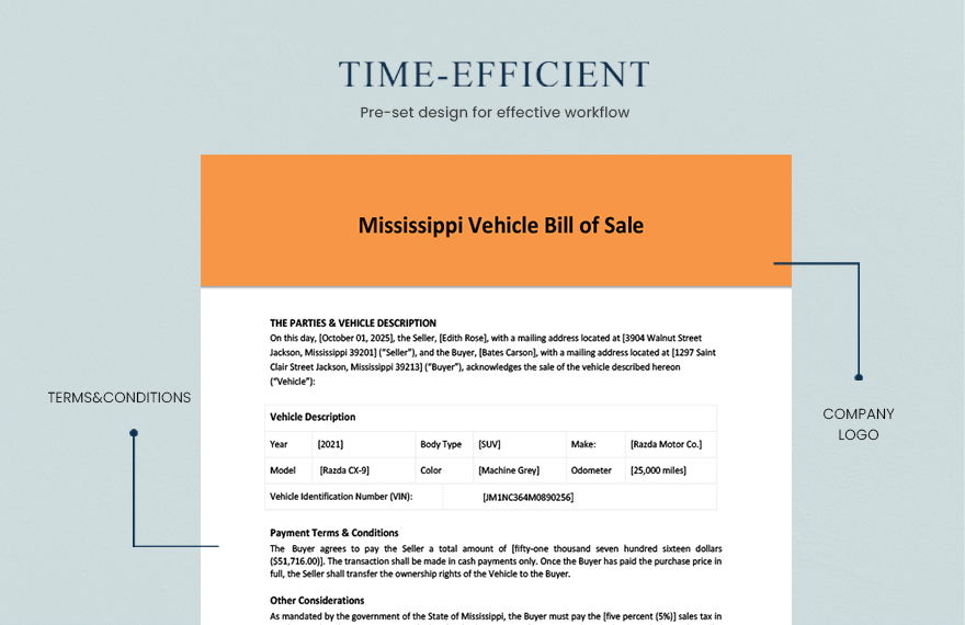Mississippi Vehicle Bill Of Sale Template