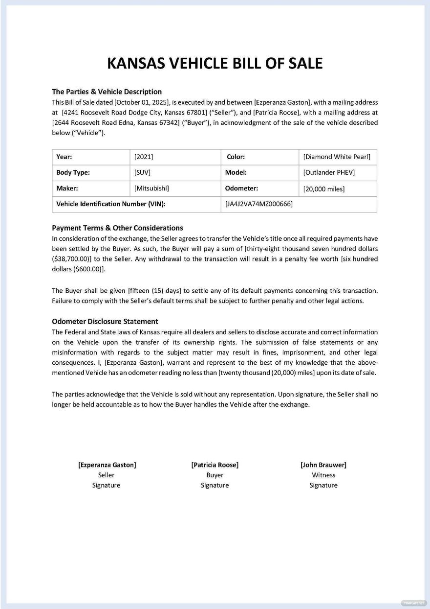 Kansas Mobile Home Bill of Sale Template - Google Docs, Word, PDF ...