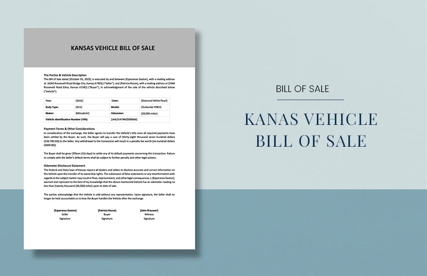 Kansas Vehicle Bill Of Sale Template