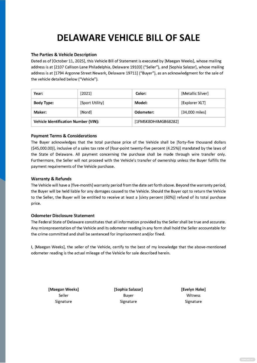 Delaware Mobile Home Bill Of Sale Template Google Docs Word PDF 