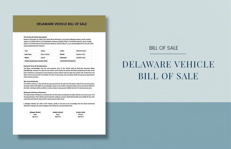 Delaware Vehicle Bill Of Sale Template