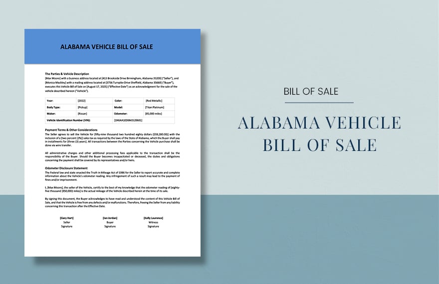 Alabama Vehicle Bill Of Sale Template