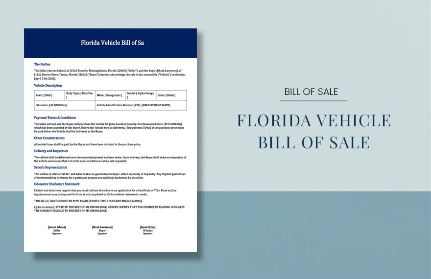 Florida Vehicle Bill of Sale Template 