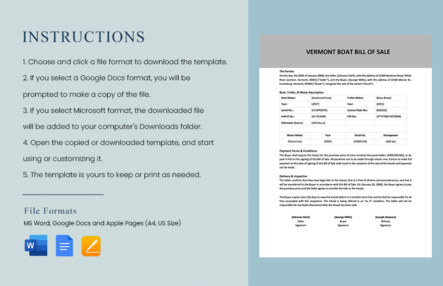 Vermont Boat Bill of Sale Template 