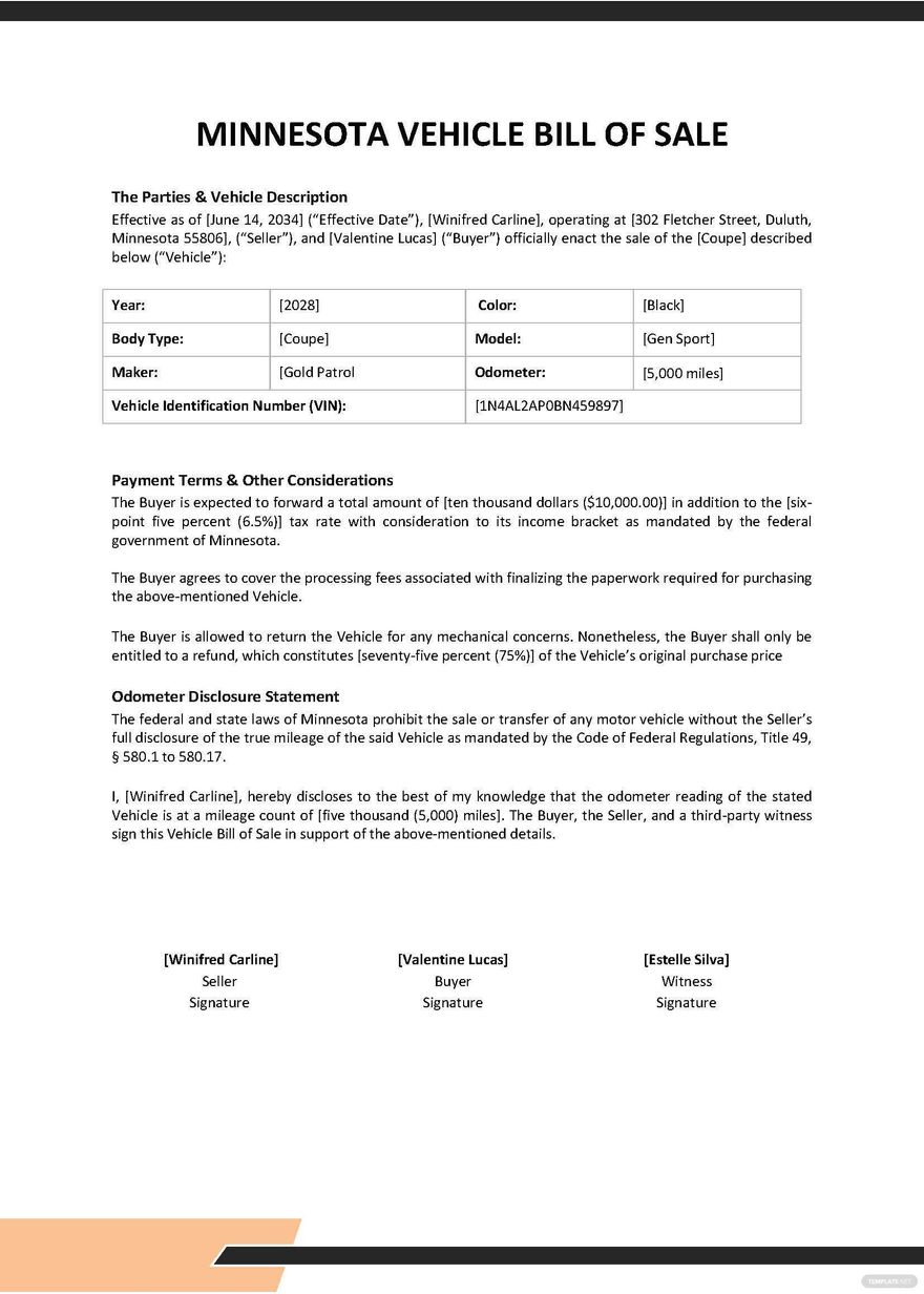 Car Bill Of Sale Mn Template