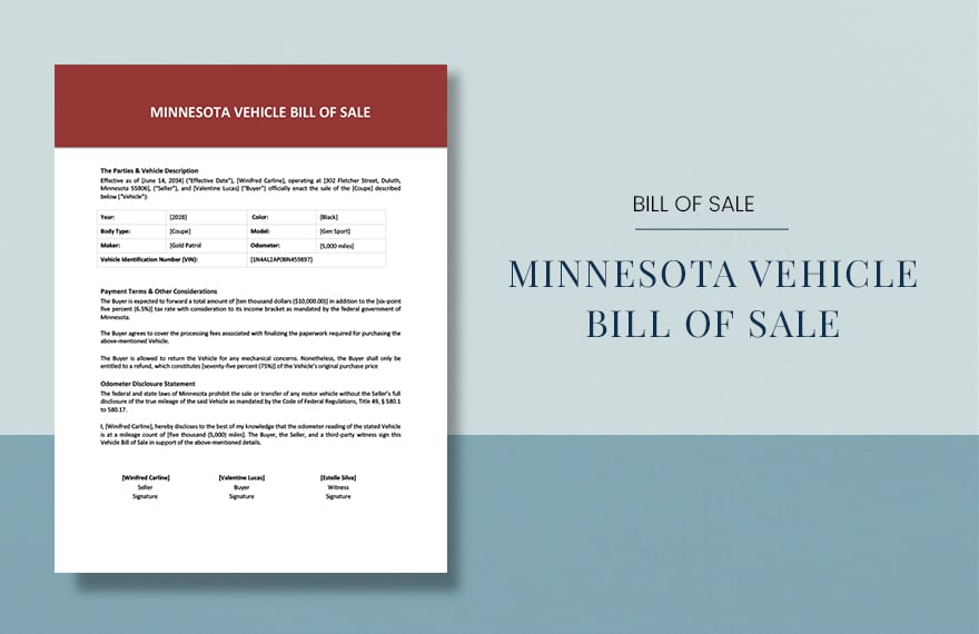 Minnesota Vehicle Bill of Sale Template in Word, Google Docs, PDF