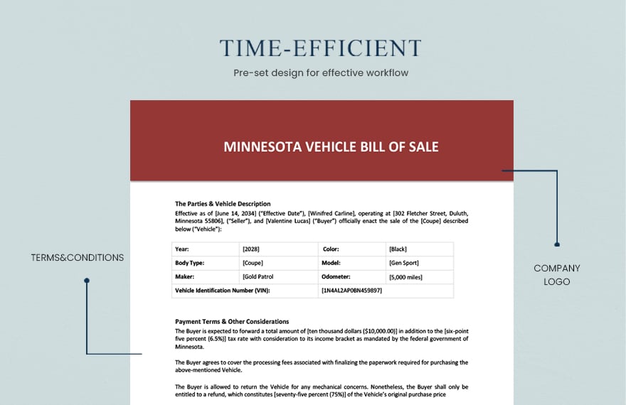 Minnesota Vehicle Bill of Sale Template