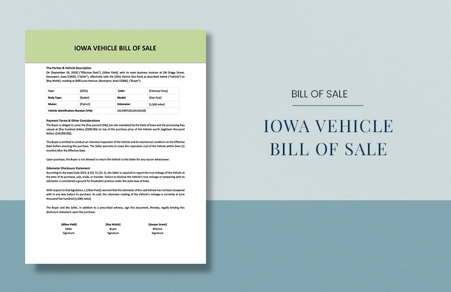 Iowa Vehicle Bill of Sale Template