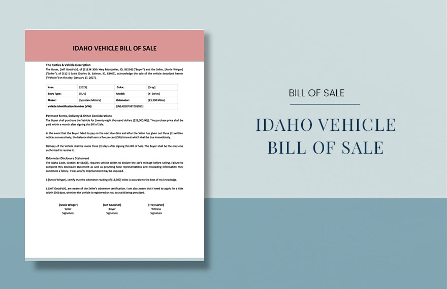Idaho Vehicle Bill of Sale Template 