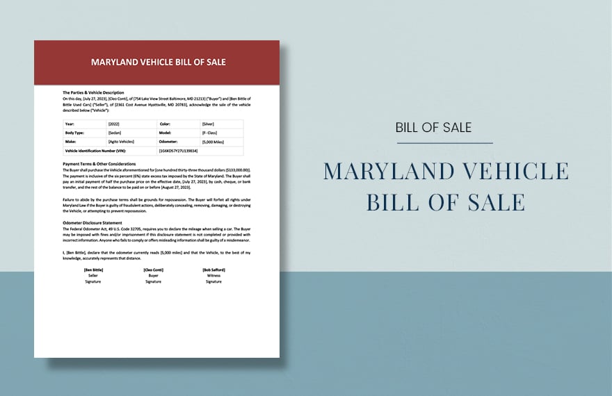 Maryland Vehicle Bill of Sale Template 