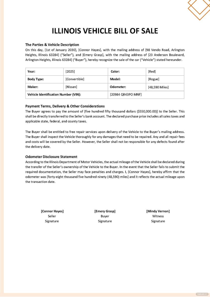 Illinois Vehicle Bill Of Sale Template Google Docs Word PDF 