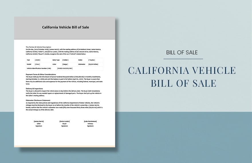 California Vehicle Bill of Sale Template