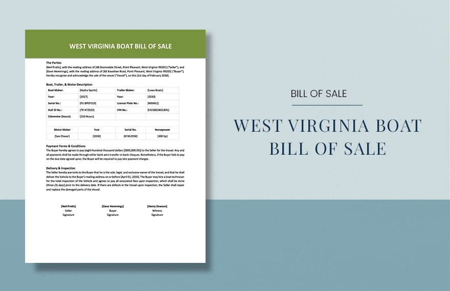 West Virginia Boat Bill of Sale Template in Word, Google Docs, PDF